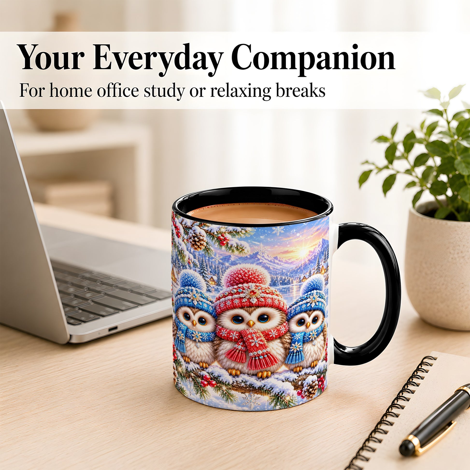 #pl[11oz|Black] Winter Owl Trio Coffee Mug, Snowy Mountain Bird Mug, Ceramic Cup