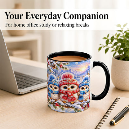 #pl[11oz|Black] Winter Owl Trio Coffee Mug, Snowy Mountain Bird Mug, Ceramic Cup