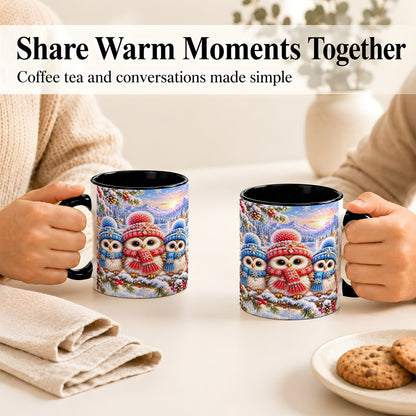 #pl[11oz|Black] Winter Owl Trio Coffee Mug, Snowy Mountain Bird Mug, Ceramic Cup