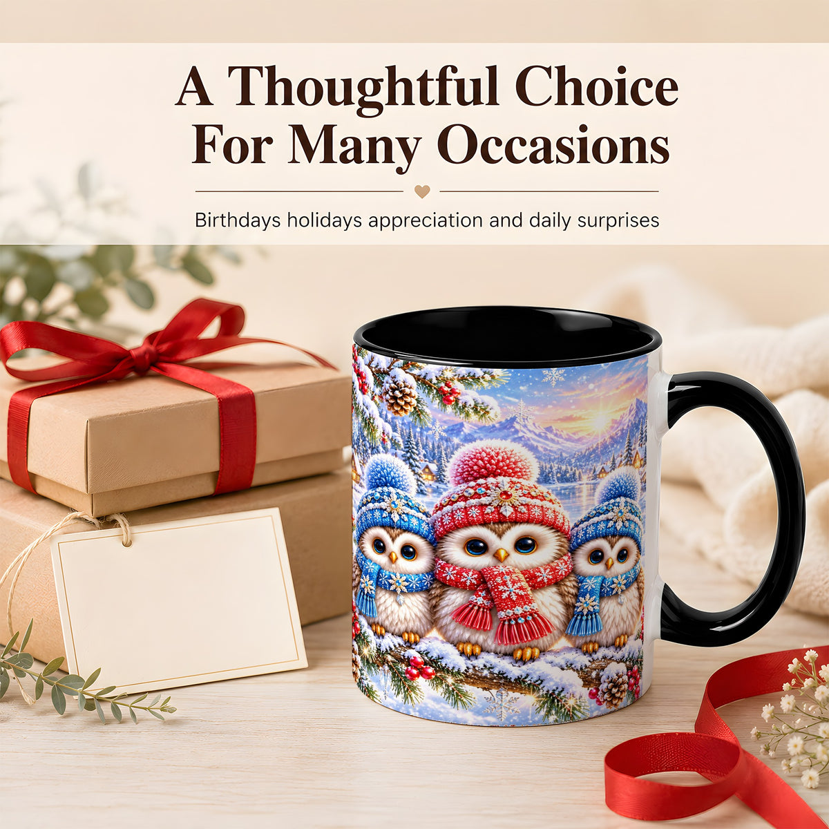 #pl[11oz|Black] Winter Owl Trio Coffee Mug, Snowy Mountain Bird Mug, Ceramic Cup