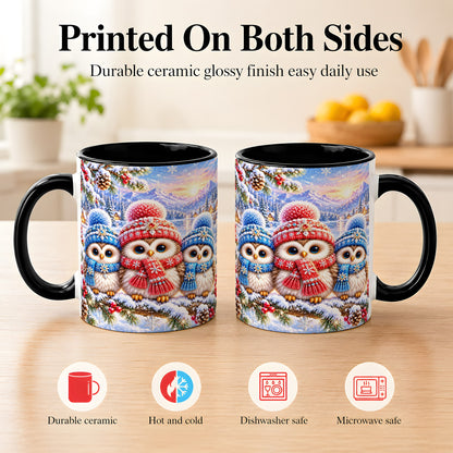 #pl[11oz|Black] Winter Owl Trio Coffee Mug, Snowy Mountain Bird Mug, Ceramic Cup