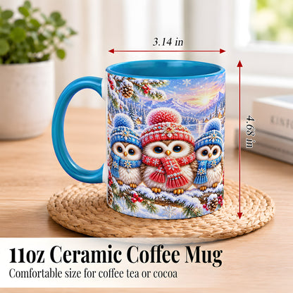 #pl[11oz|Blue] Winter Owl Trio Coffee Mug, Snowy Mountain Bird Mug, Ceramic Cup