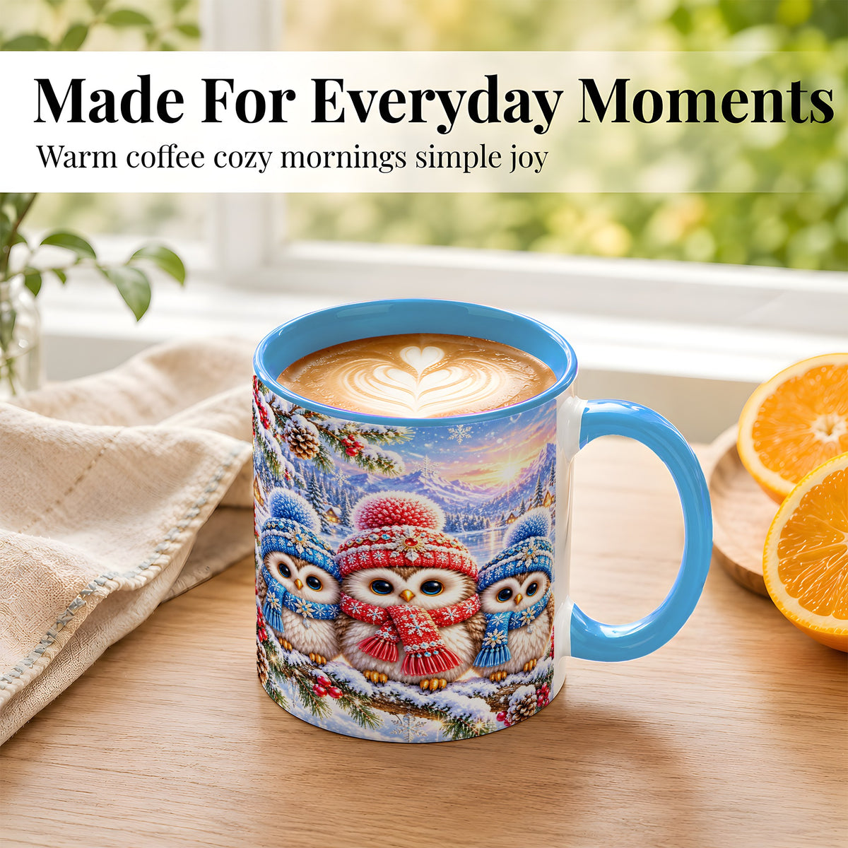 #pl[11oz|Blue] Winter Owl Trio Coffee Mug, Snowy Mountain Bird Mug, Ceramic Cup
