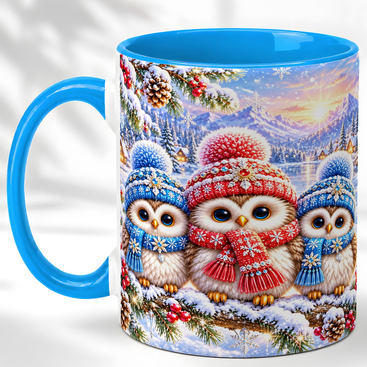 #pl[11oz|Blue] Winter Owl Trio Coffee Mug, Snowy Mountain Bird Mug, Ceramic Cup