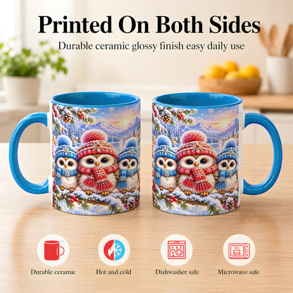 #pl[11oz|Blue] Winter Owl Trio Coffee Mug, Snowy Mountain Bird Mug, Ceramic Cup