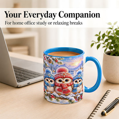 #pl[11oz|Blue] Winter Owl Trio Coffee Mug, Snowy Mountain Bird Mug, Ceramic Cup