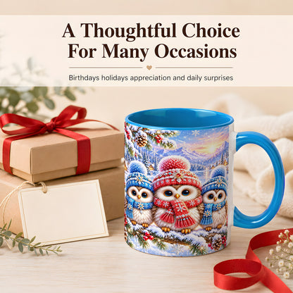 #pl[11oz|Blue] Winter Owl Trio Coffee Mug, Snowy Mountain Bird Mug, Ceramic Cup