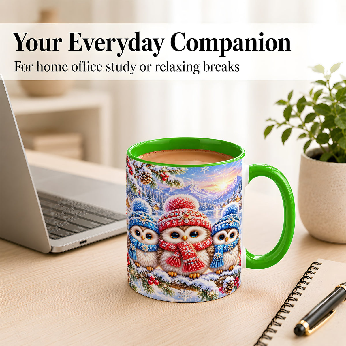 #pl[11oz|Green] Winter Owl Trio Coffee Mug, Snowy Mountain Bird Mug, Ceramic Cup