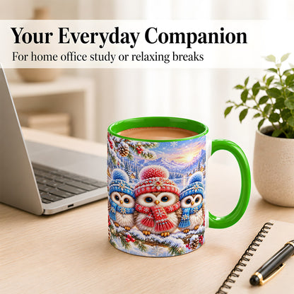 #pl[11oz|Green] Winter Owl Trio Coffee Mug, Snowy Mountain Bird Mug, Ceramic Cup