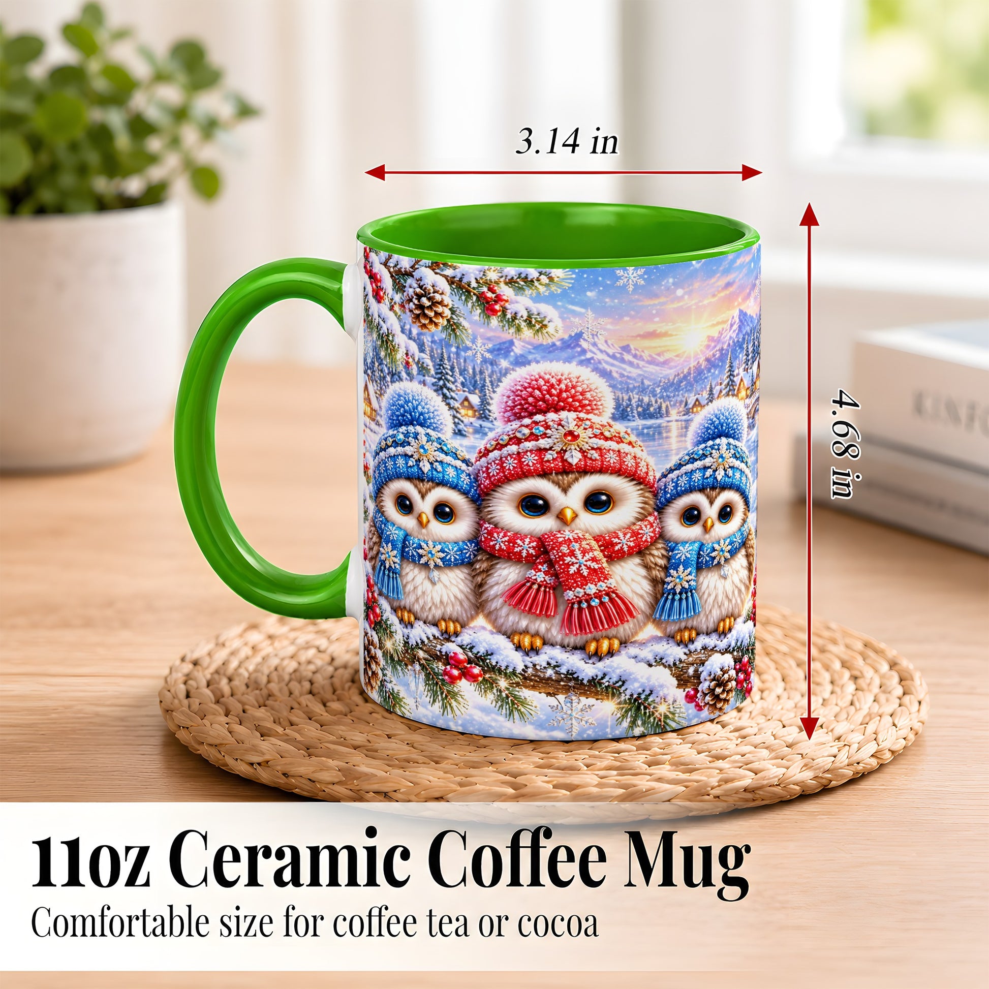 #pl[11oz|Green] Winter Owl Trio Coffee Mug, Snowy Mountain Bird Mug, Ceramic Cup