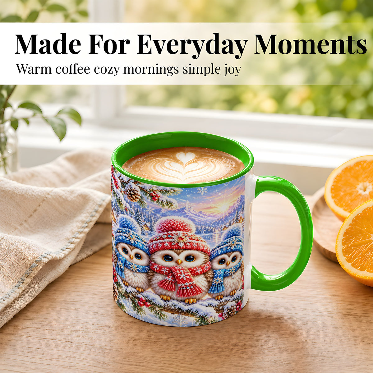 #pl[11oz|Green] Winter Owl Trio Coffee Mug, Snowy Mountain Bird Mug, Ceramic Cup