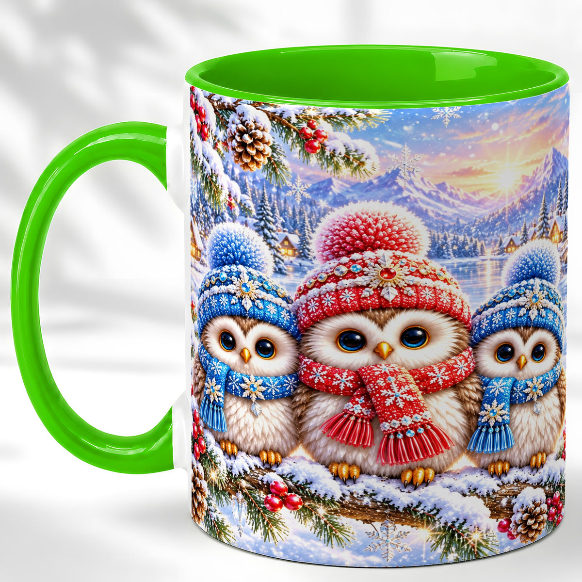 #pl[11oz|Green] Winter Owl Trio Coffee Mug, Snowy Mountain Bird Mug, Ceramic Cup
