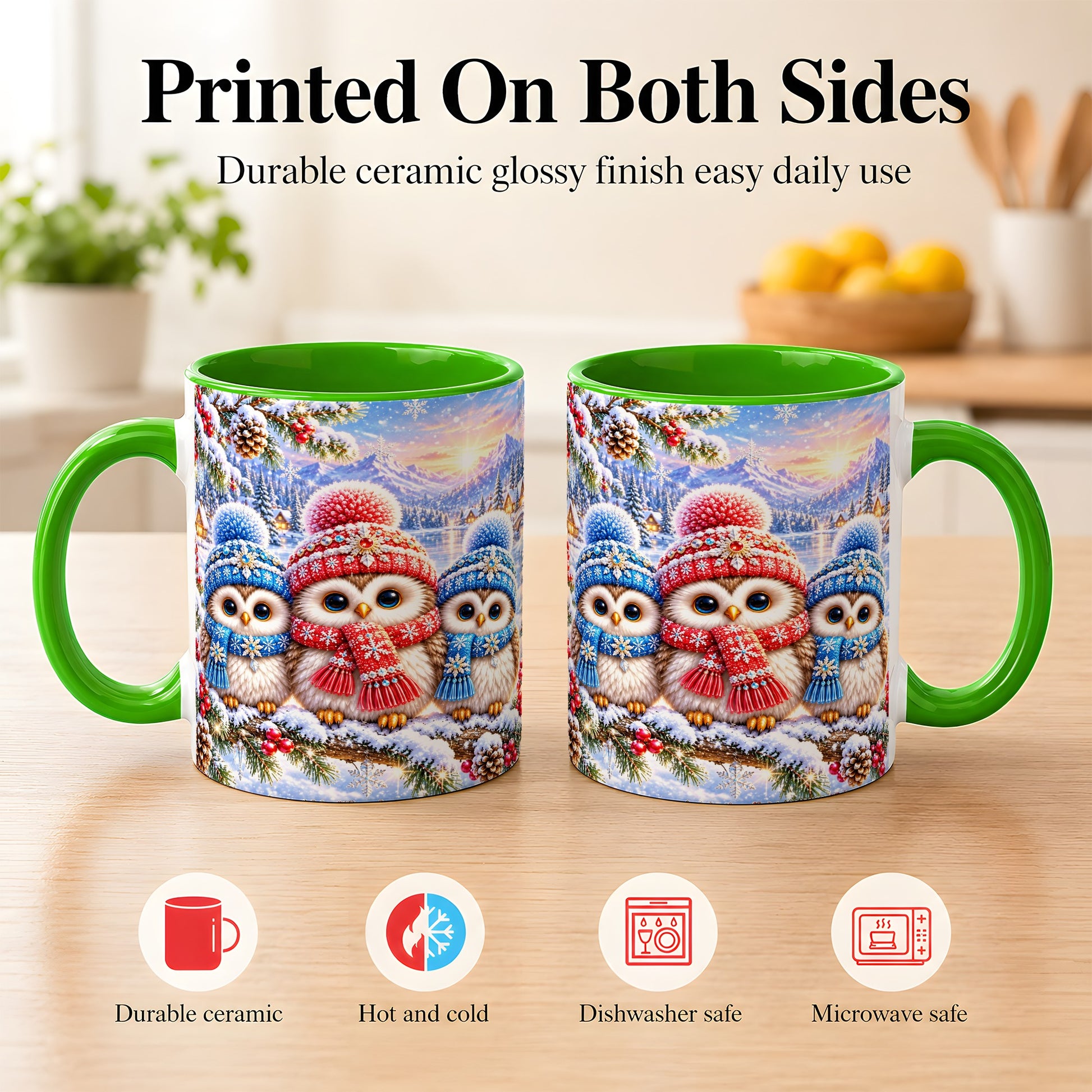 #pl[11oz|Green] Winter Owl Trio Coffee Mug, Snowy Mountain Bird Mug, Ceramic Cup