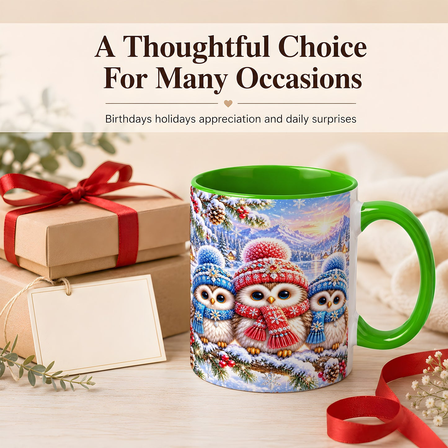 #pl[11oz|Green] Winter Owl Trio Coffee Mug, Snowy Mountain Bird Mug, Ceramic Cup