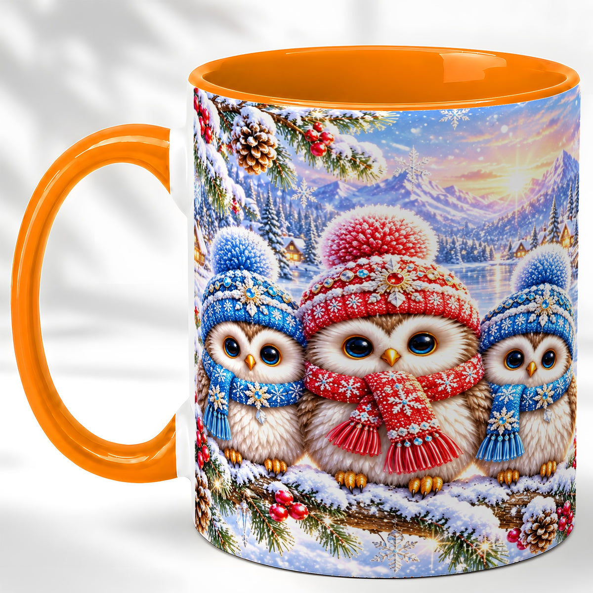 #pl[11oz|Orange] Winter Owl Trio Coffee Mug, Snowy Mountain Bird Mug, Ceramic Cup