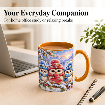 #pl[11oz|Orange] Winter Owl Trio Coffee Mug, Snowy Mountain Bird Mug, Ceramic Cup
