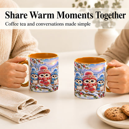 #pl[11oz|Orange] Winter Owl Trio Coffee Mug, Snowy Mountain Bird Mug, Ceramic Cup