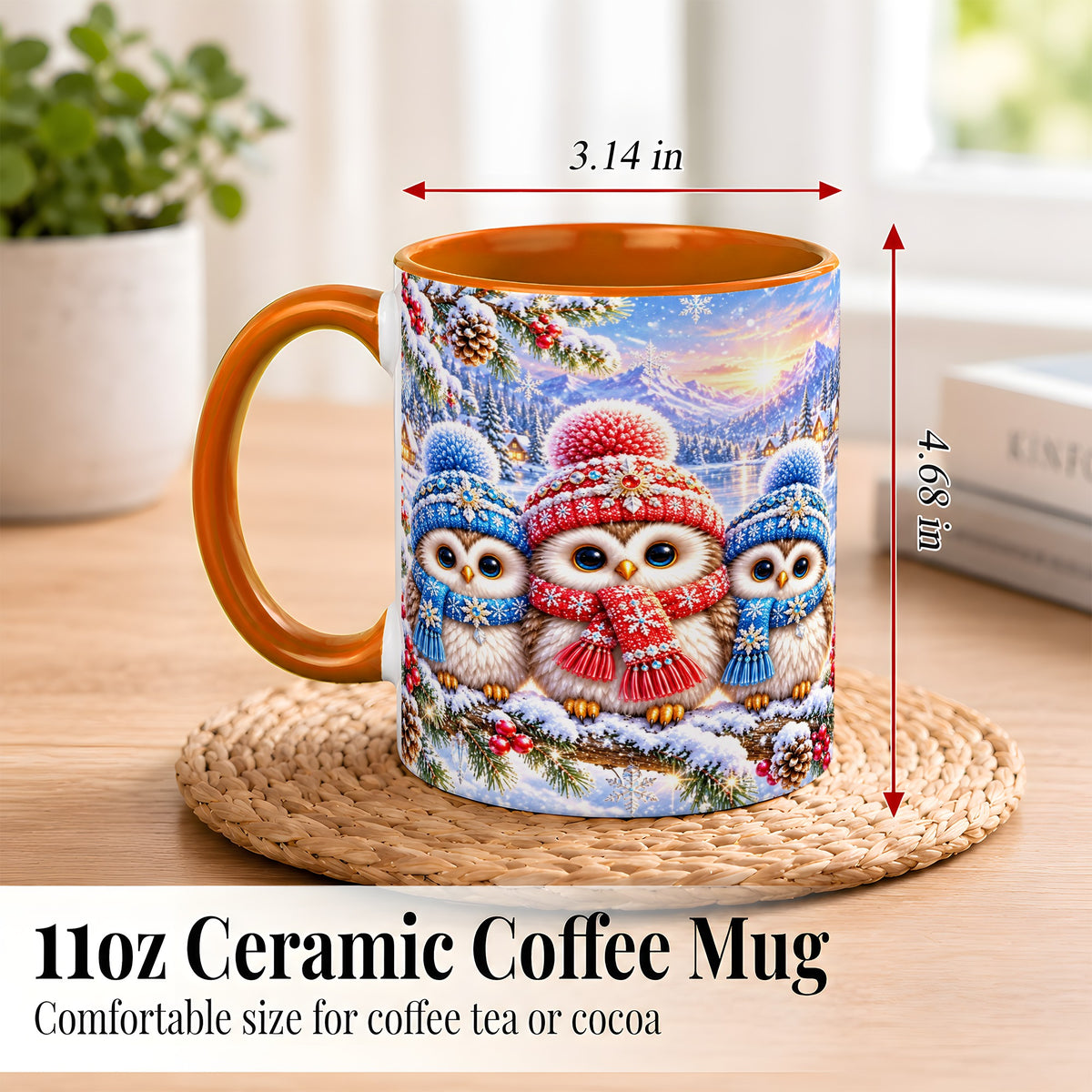 #pl[11oz|Orange] Winter Owl Trio Coffee Mug, Snowy Mountain Bird Mug, Ceramic Cup