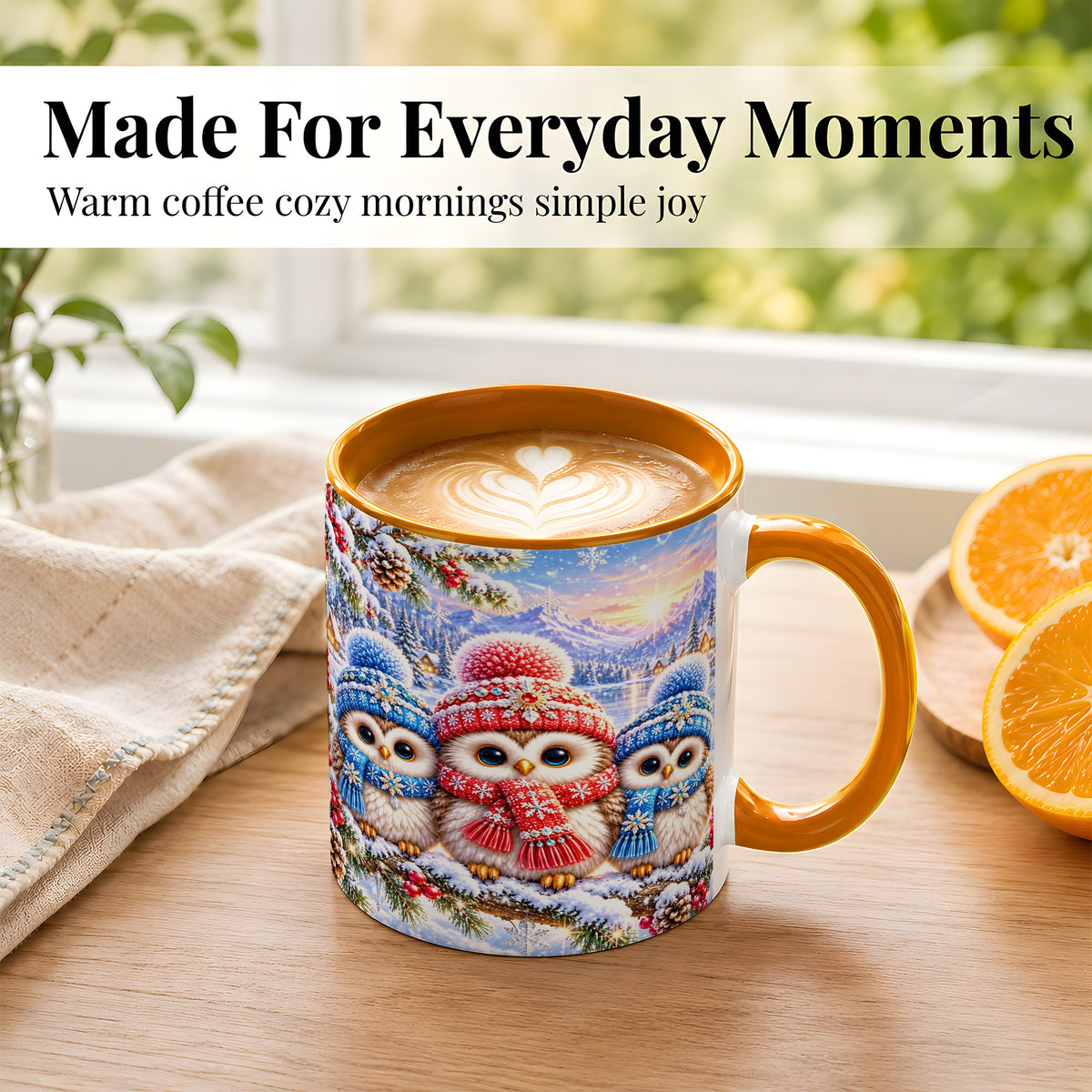 #pl[11oz|Orange] Winter Owl Trio Coffee Mug, Snowy Mountain Bird Mug, Ceramic Cup
