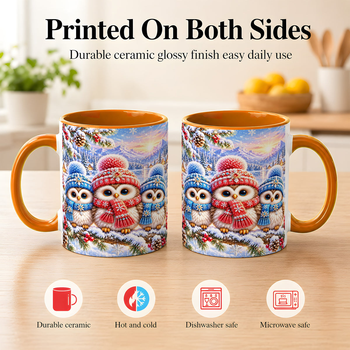 #pl[11oz|Orange] Winter Owl Trio Coffee Mug, Snowy Mountain Bird Mug, Ceramic Cup