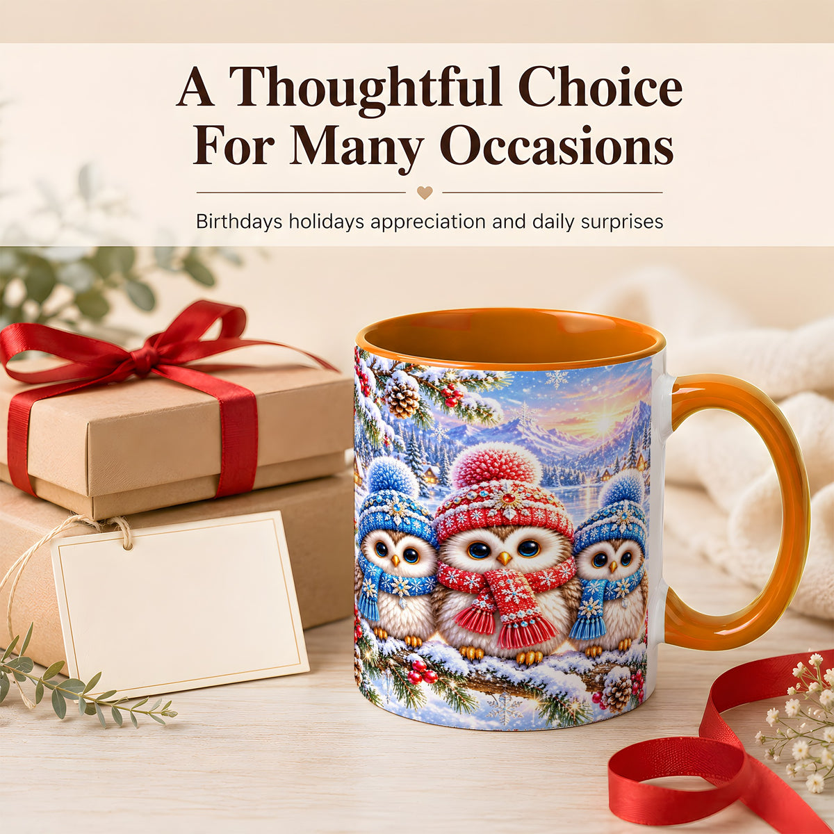 #pl[11oz|Orange] Winter Owl Trio Coffee Mug, Snowy Mountain Bird Mug, Ceramic Cup