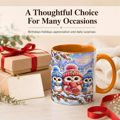 #pl[11oz|Orange] Winter Owl Trio Coffee Mug, Snowy Mountain Bird Mug, Ceramic Cup
