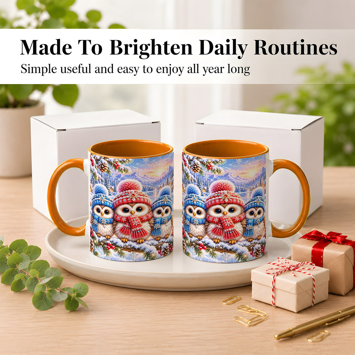 #pl[11oz|Orange] Winter Owl Trio Coffee Mug, Snowy Mountain Bird Mug, Ceramic Cup