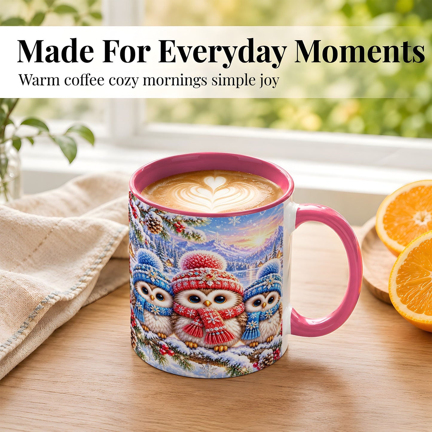 #pl[11oz|Pink] Winter Owl Trio Coffee Mug, Snowy Mountain Bird Mug, Ceramic Cup