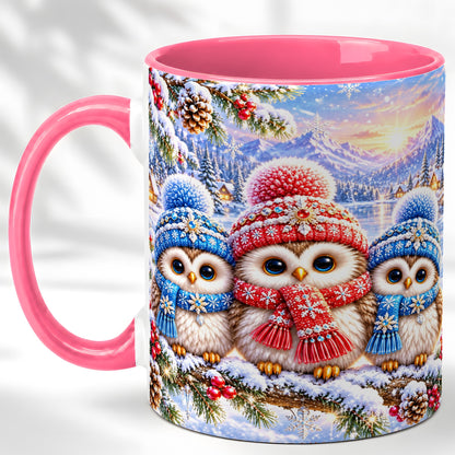 #pl[11oz|Pink] Winter Owl Trio Coffee Mug, Snowy Mountain Bird Mug, Ceramic Cup