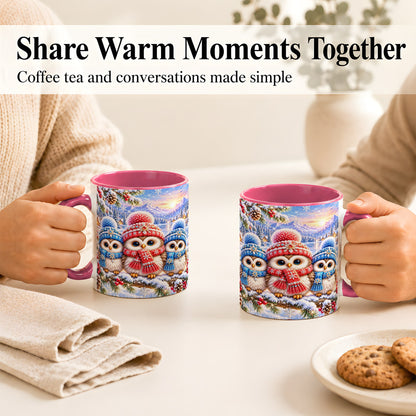#pl[11oz|Pink] Winter Owl Trio Coffee Mug, Snowy Mountain Bird Mug, Ceramic Cup