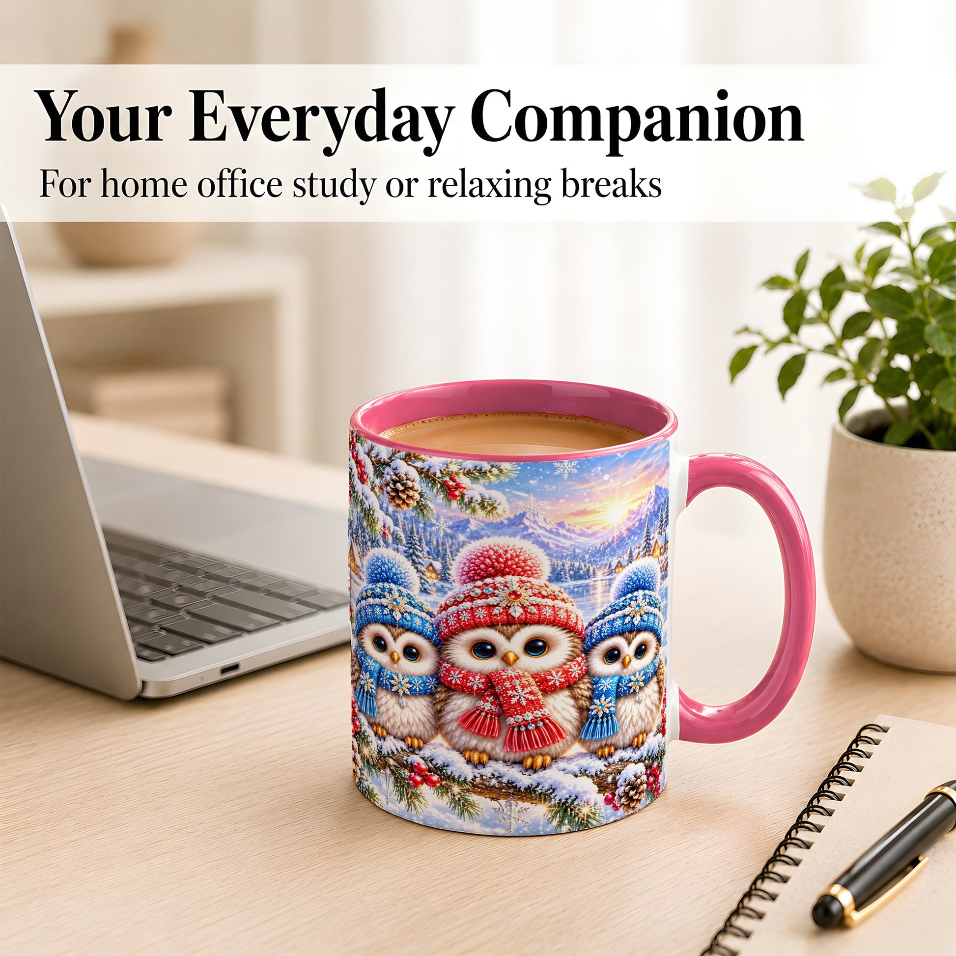 #pl[11oz|Pink] Winter Owl Trio Coffee Mug, Snowy Mountain Bird Mug, Ceramic Cup