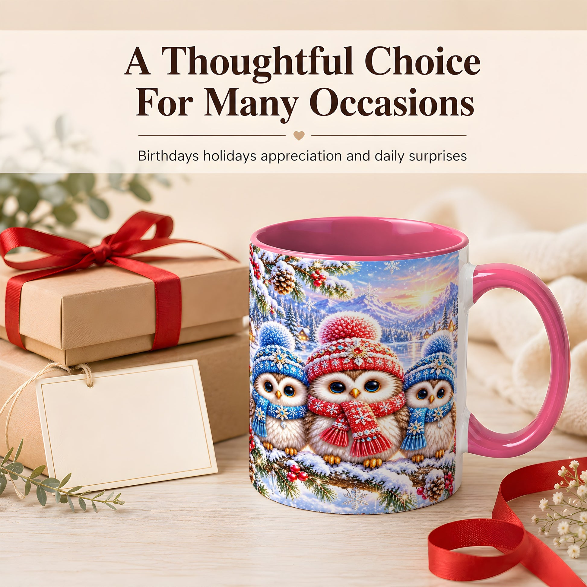 #pl[11oz|Pink] Winter Owl Trio Coffee Mug, Snowy Mountain Bird Mug, Ceramic Cup