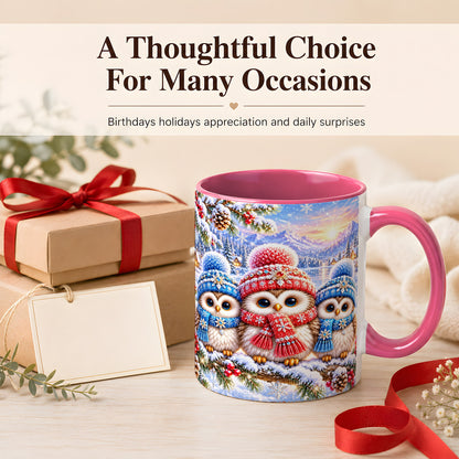 #pl[11oz|Pink] Winter Owl Trio Coffee Mug, Snowy Mountain Bird Mug, Ceramic Cup
