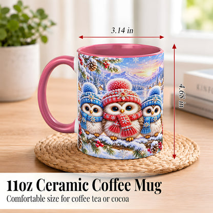 #pl[11oz|Pink] Winter Owl Trio Coffee Mug, Snowy Mountain Bird Mug, Ceramic Cup