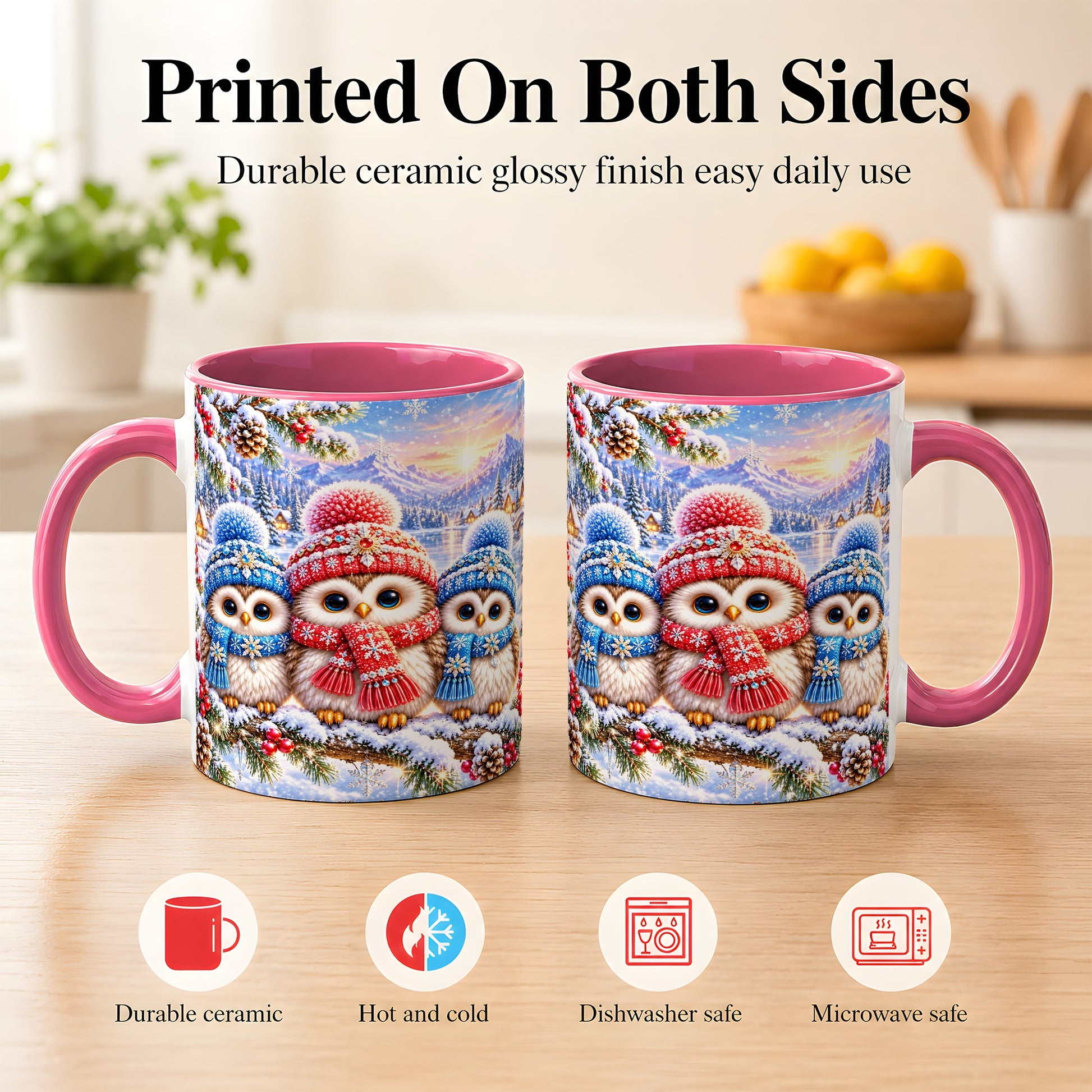 #pl[11oz|Pink] Winter Owl Trio Coffee Mug, Snowy Mountain Bird Mug, Ceramic Cup