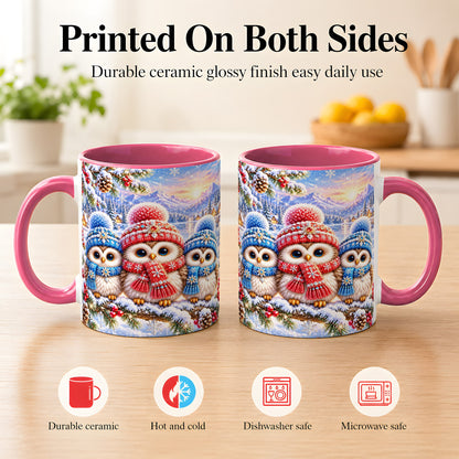 #pl[11oz|Pink] Winter Owl Trio Coffee Mug, Snowy Mountain Bird Mug, Ceramic Cup