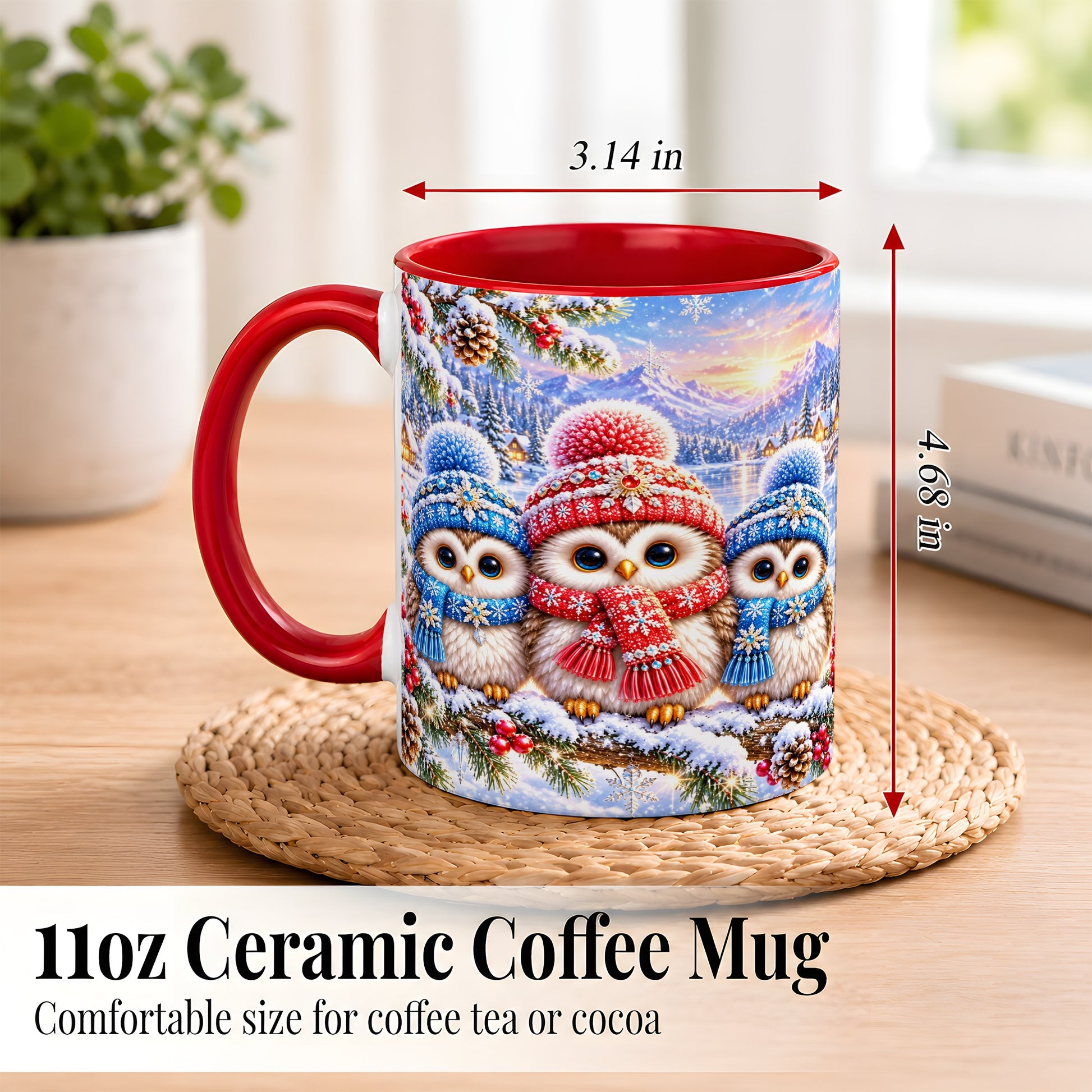 #pl[11oz|Red] Winter Owl Trio Coffee Mug, Snowy Mountain Bird Mug, Ceramic Cup