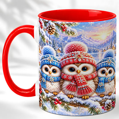 Winter Owl Trio Coffee Mug, Snowy Mountain Bird Mug, Ceramic Cup