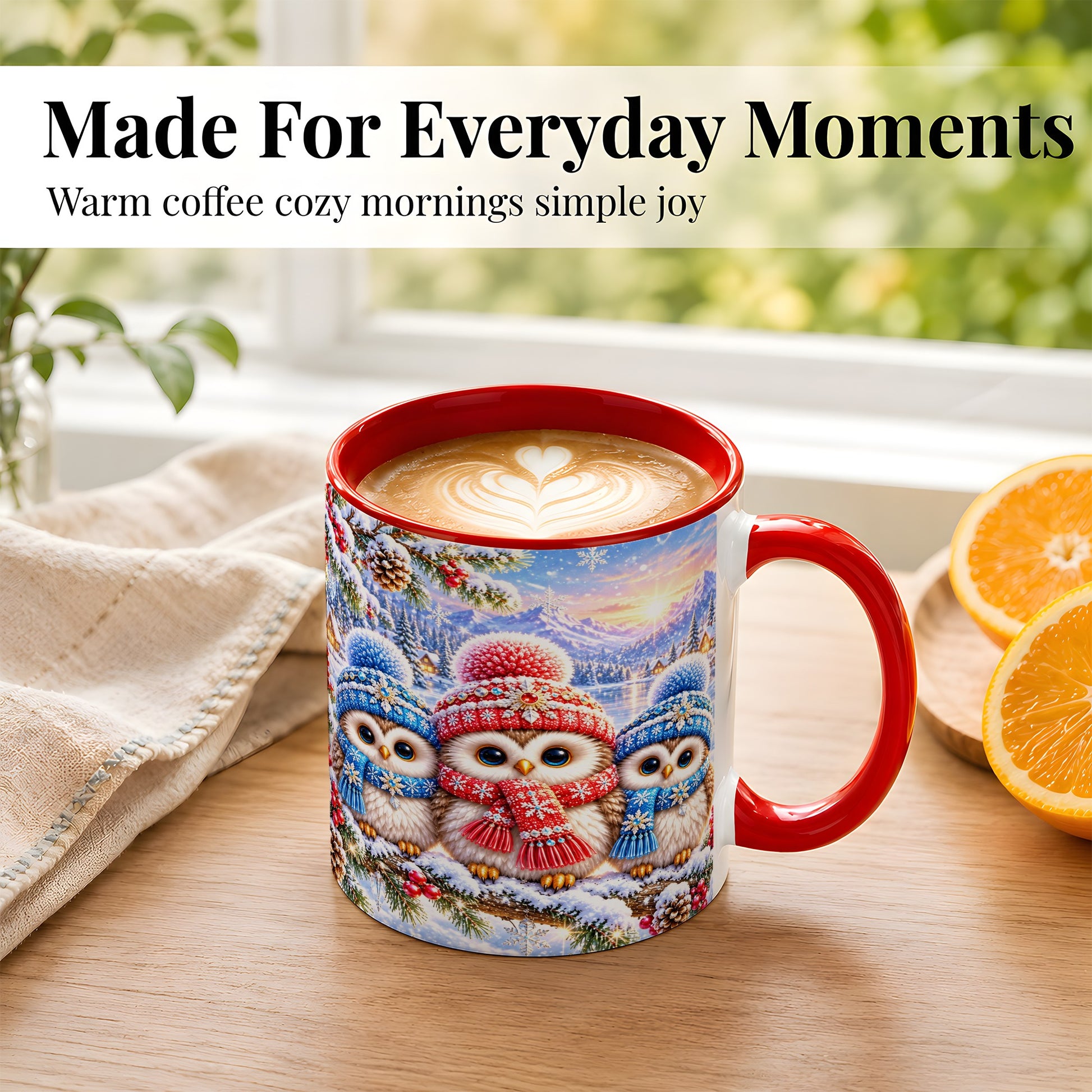 #pl[11oz|Red] Winter Owl Trio Coffee Mug, Snowy Mountain Bird Mug, Ceramic Cup