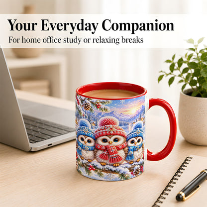 #pl[11oz|Red] Winter Owl Trio Coffee Mug, Snowy Mountain Bird Mug, Ceramic Cup