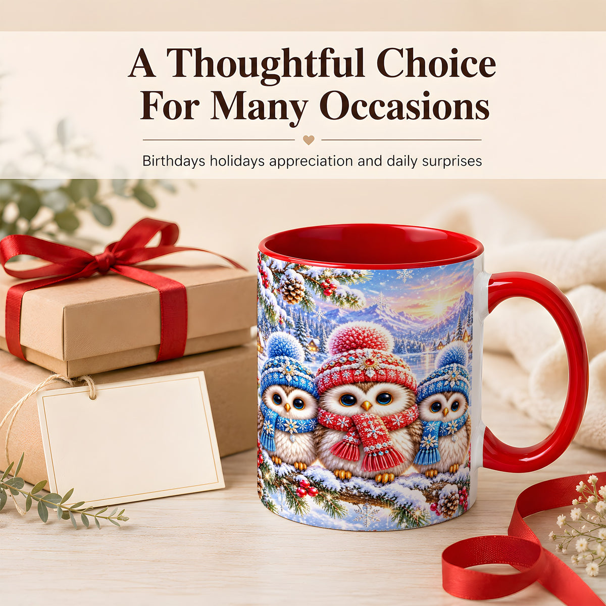 #pl[11oz|Red] Winter Owl Trio Coffee Mug, Snowy Mountain Bird Mug, Ceramic Cup