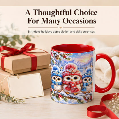 #pl[11oz|Red] Winter Owl Trio Coffee Mug, Snowy Mountain Bird Mug, Ceramic Cup
