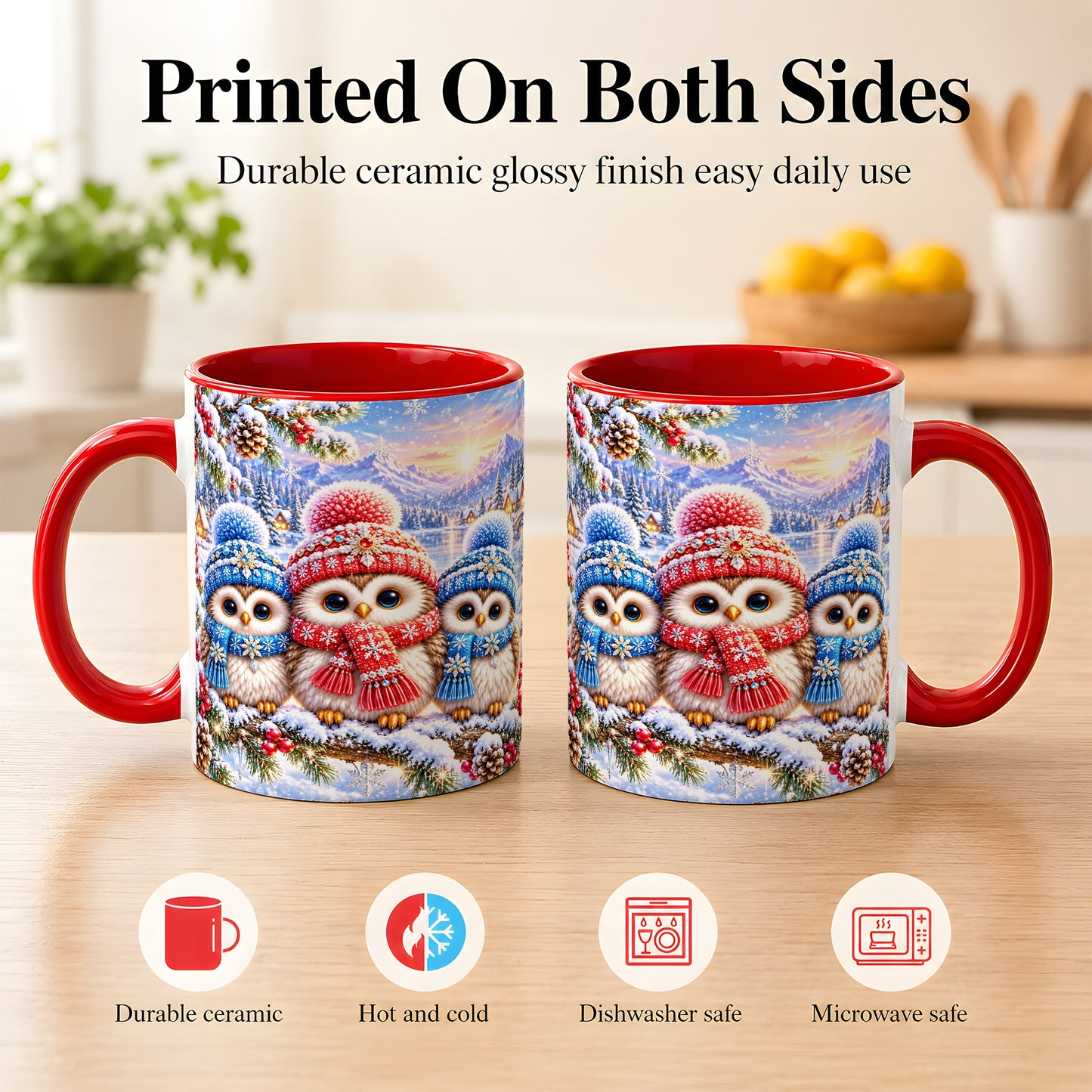 #pl[11oz|Red] Winter Owl Trio Coffee Mug, Snowy Mountain Bird Mug, Ceramic Cup