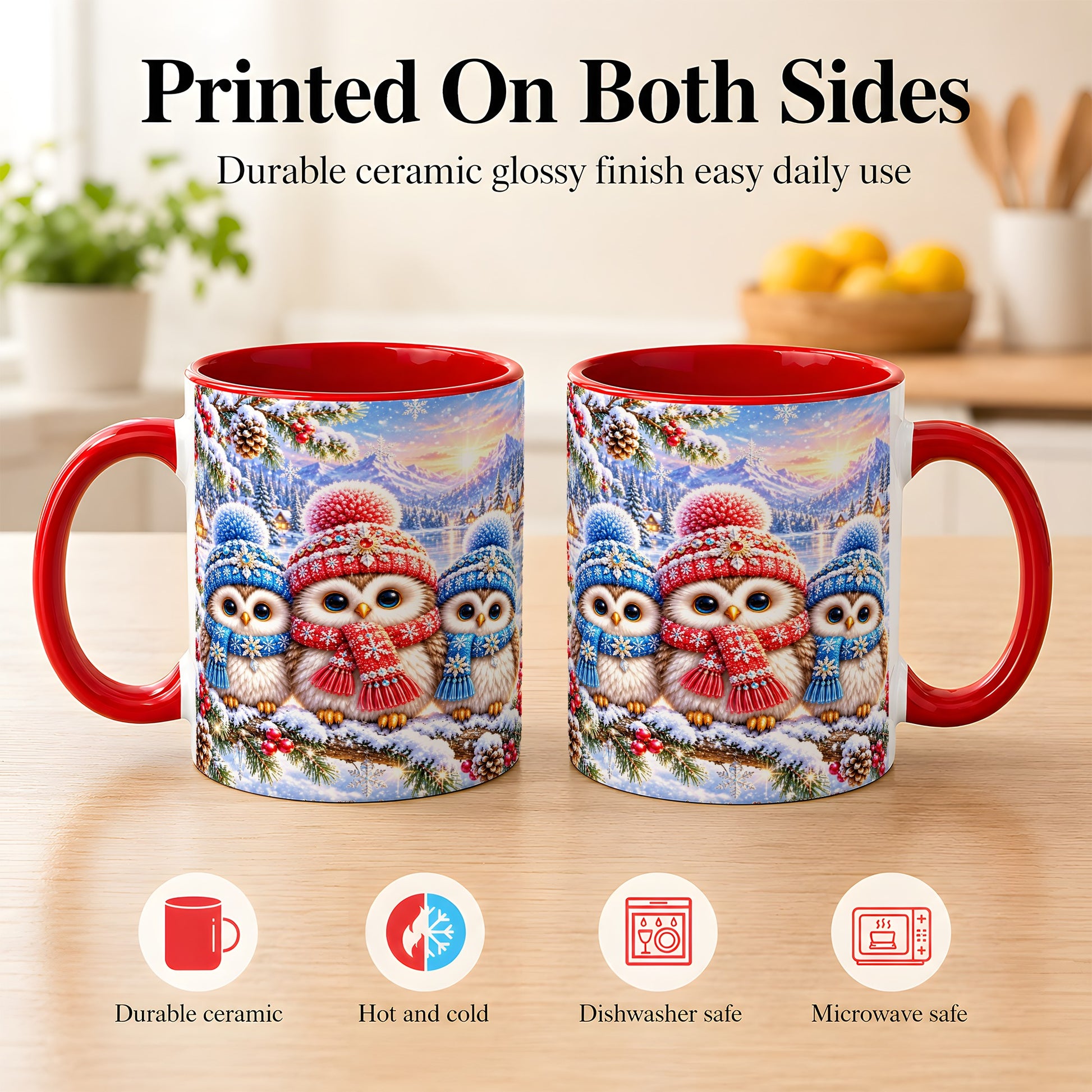 #pl[11oz|Red] Winter Owl Trio Coffee Mug, Snowy Mountain Bird Mug, Ceramic Cup