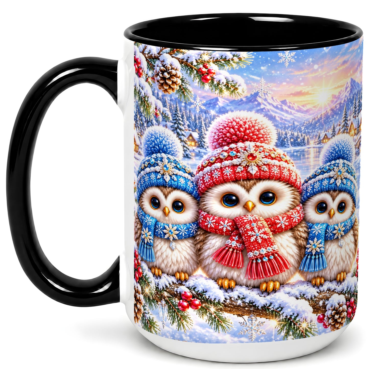 #pl[15oz|Black] Winter Owl Trio Coffee Mug, Snowy Mountain Bird Mug, Ceramic Cup