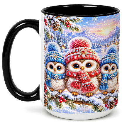 #pl[15oz|Black] Winter Owl Trio Coffee Mug, Snowy Mountain Bird Mug, Ceramic Cup