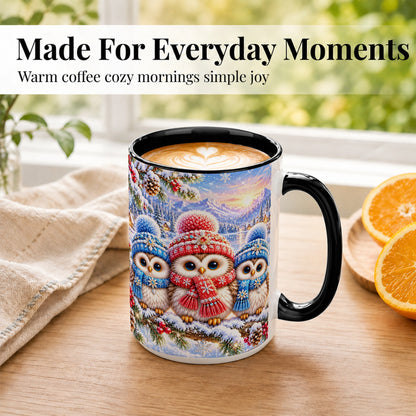 #pl[15oz|Black] Winter Owl Trio Coffee Mug, Snowy Mountain Bird Mug, Ceramic Cup