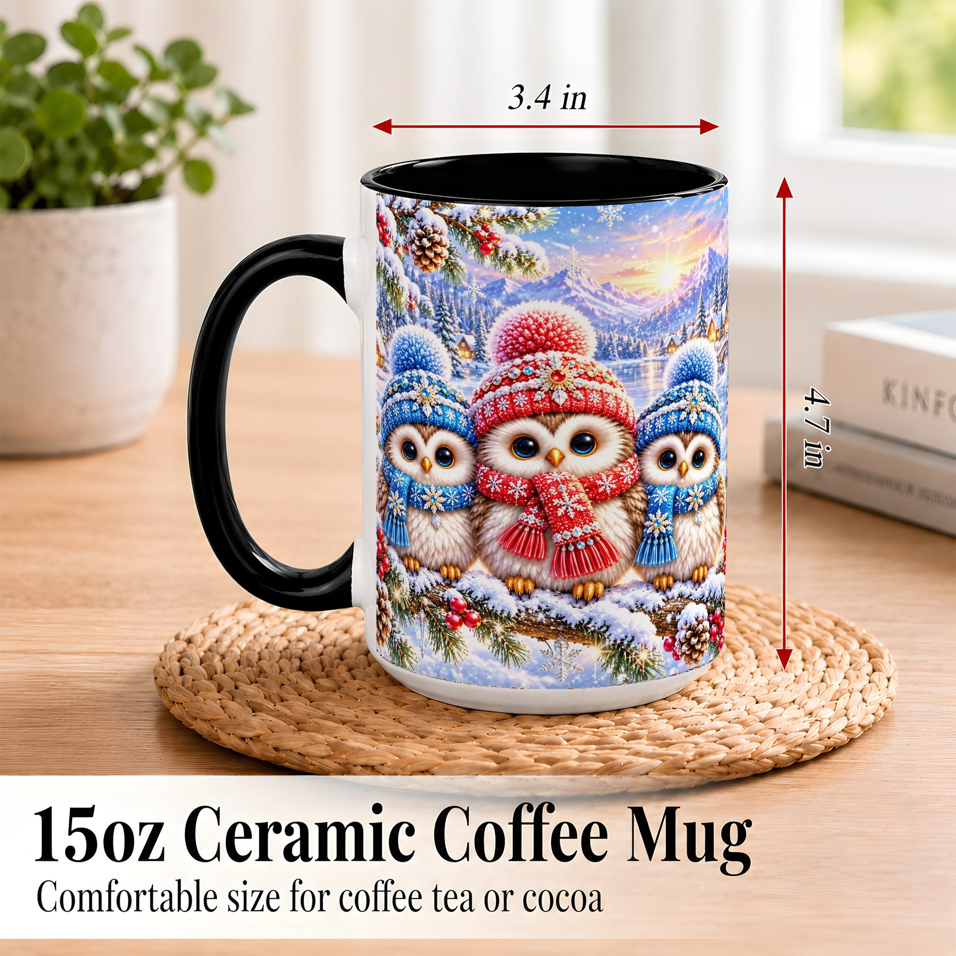 #pl[15oz|Black] Winter Owl Trio Coffee Mug, Snowy Mountain Bird Mug, Ceramic Cup