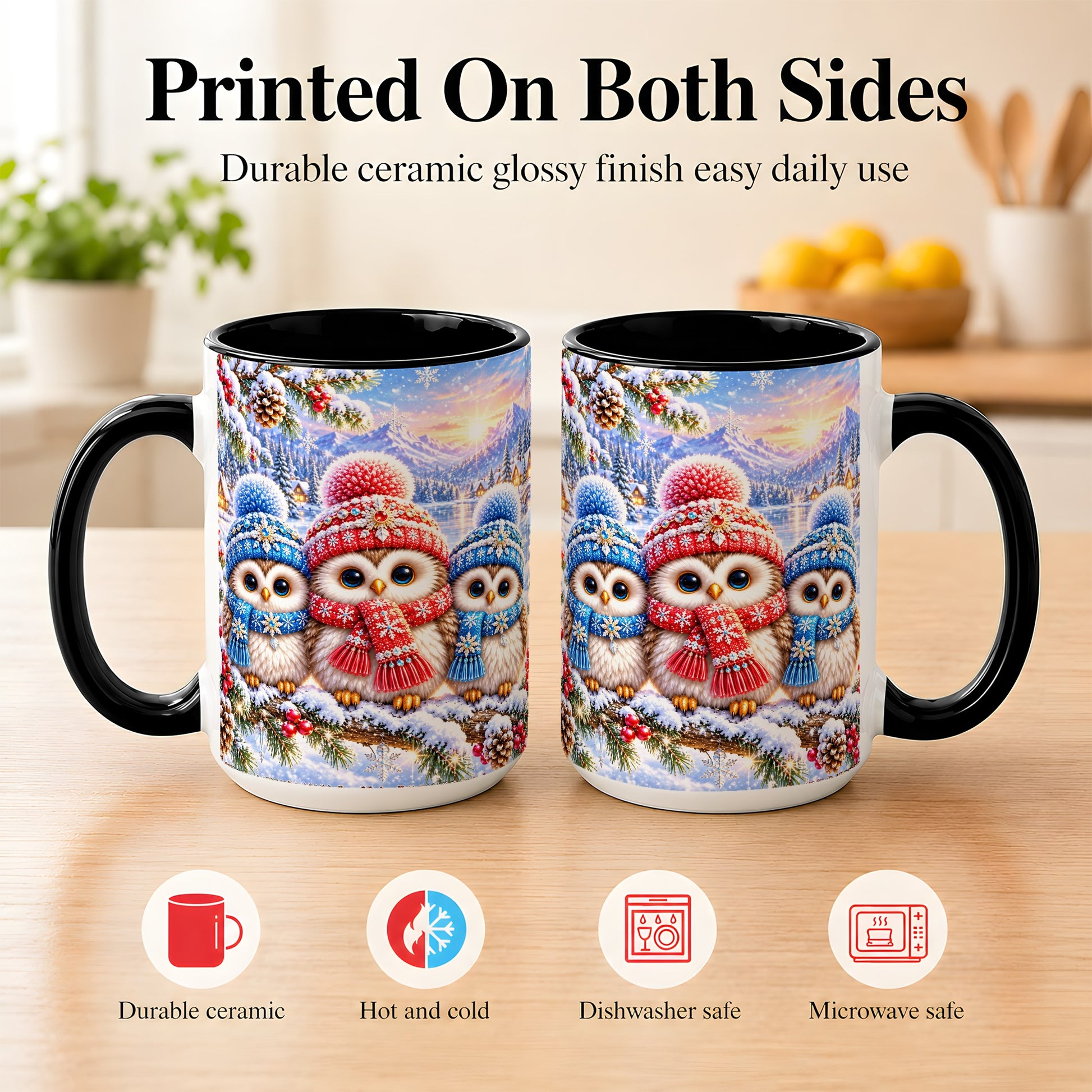 #pl[15oz|Black] Winter Owl Trio Coffee Mug, Snowy Mountain Bird Mug, Ceramic Cup