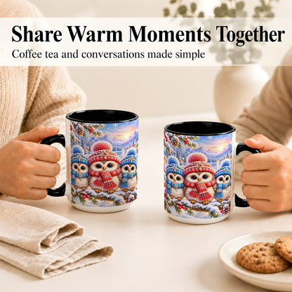 #pl[15oz|Black] Winter Owl Trio Coffee Mug, Snowy Mountain Bird Mug, Ceramic Cup